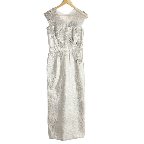 Rickie Freeman Teri Jon Silver Gray Floral Jacquard Applique Evening Gown Size 4 - Picture 1 of 16